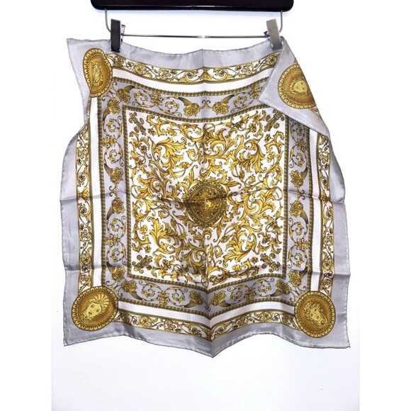 Vintage Italian Silk Scarf Gray With Gold Medallions Approx. 21”x21” - Picture 1 of 4